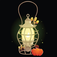 Naklejka premium Vintage lantern with burning candle, magic mushrooms and pumpkin, vector cartoon antique portable lamp candlestick