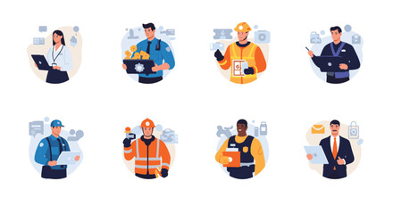Fototapeta premium Collection of professional worker avatars representing different careers like office staff, police officers, and engineers on white.