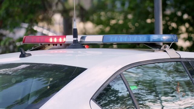 Close-up of a police vehicle roof, showcasing red and blue flashing lights and antenna. The scene conveys readiness and authority, symbolizing law enforcement presence and quick response capability. B