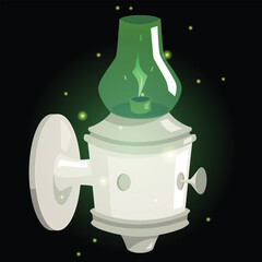 Naklejka premium Vintage magic lantern with burning candle, vector cartoon fairytale antique green wall candlestick, wizard lamp sparkles
