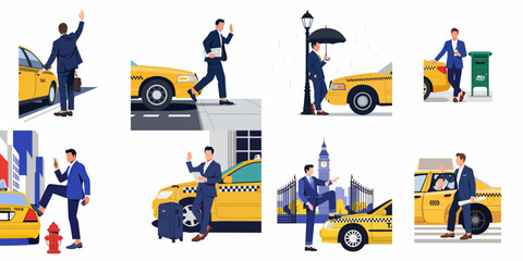 Flat vector collection of a businessman in various city transportation scenarios, hailing yellow taxis and traveling for business in different weather and locations. © Reno
