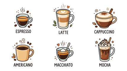 Fototapeta premium Coffee Types and Drinks Icon Set in Cute Doodle Style