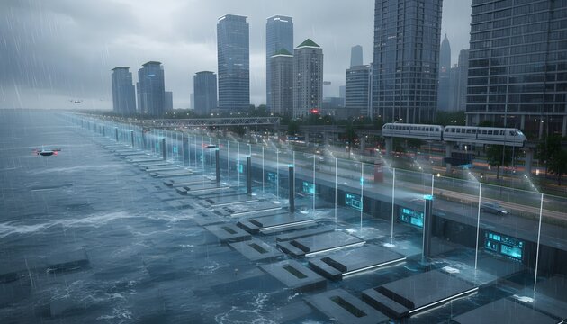 A modern futuristic cityscape on a rainy day featuring a monorail drone and glowing technological structures along the waterfront