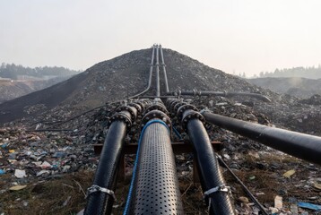 Fototapeta premium Industrial pipes transport waste over a vast landfill under a hazy sky