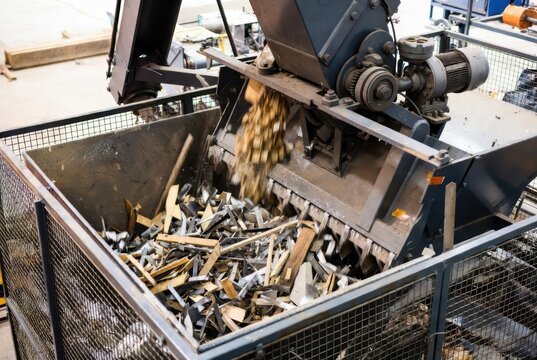Industrial shredder machine processing waste materials into small pieces in a factory