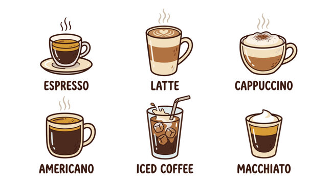 Coffee Types and Drinks Icon Set in Cute Doodle Style