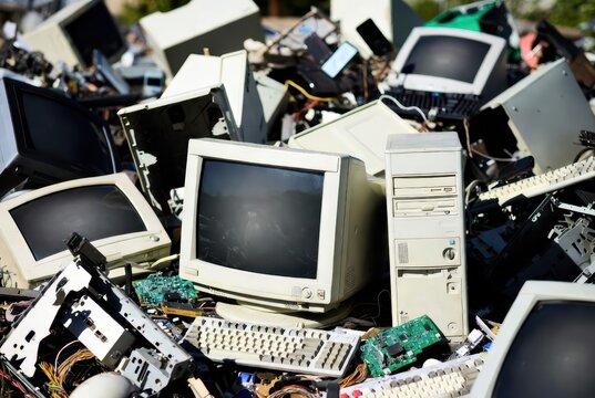 Pile of old computer monitors, keyboards, and towers, e-waste recycling concept