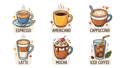 Fototapeta premium Coffee Types and Drinks Icon Set in Cute Doodle Style