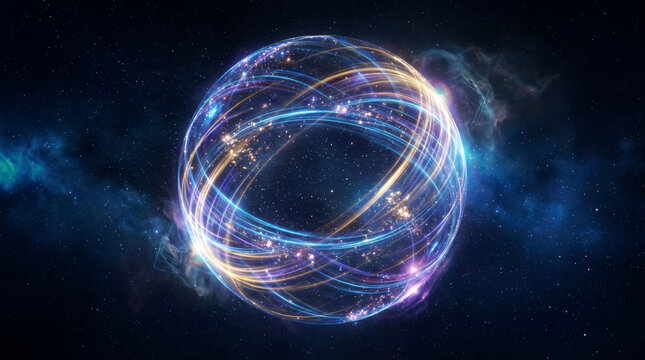 Glowing Digital Orb Connected With Abstract Streaks of Light in Starry Deep Space Nebula Background