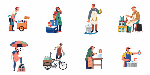 Fototapeta premium Set of Flat Illustrations Featuring Various Street Vendors Selling Cold Water, Drinks, and Ice in Outdoor Settings