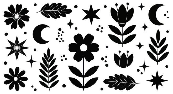 Black and white celestial floral elements with stars and moons.