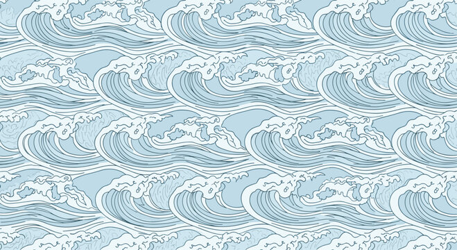 Seamless background pattern of stylized blue ocean waves inspired by traditional japanese woodblock print aesthetics.