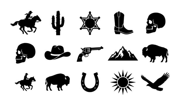 Wild West silhouette icons set, 15 black western vector elements, cowboy and desert frontier symbols, vintage american ranch graphics for logos