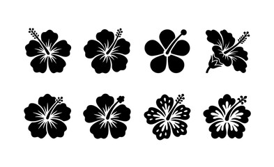 Hibiscus flower black silhouette icons, tropical floral blossom vector set of 8 elements, exotic Hawaiian plant stencils for summer branding and logo design © Nazim