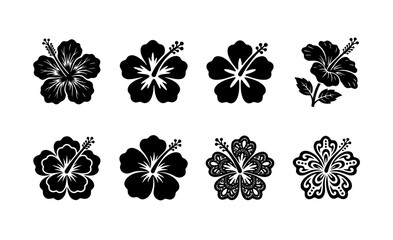 Hibiscus flower black silhouette icons, tropical floral vector set of 8 elements, exotic hawaiian blossom symbols for summer branding and logo design © Nazim