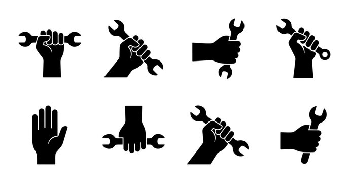 Industrial wrench and hand icon set, mechanic fist holding spanner tool silhouettes, 8 black vector elements for repair and construction branding