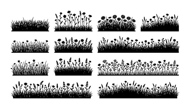 Black grass silhouette collection, set of 10 meadow floral borders, wild flower and lawn grass vector elements for landscape design