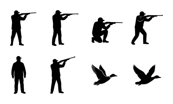 Duck hunting silhouette collection with 8 vector elements, hunters with shotguns in various poses, flying mallard ducks and sportsman silhouettes