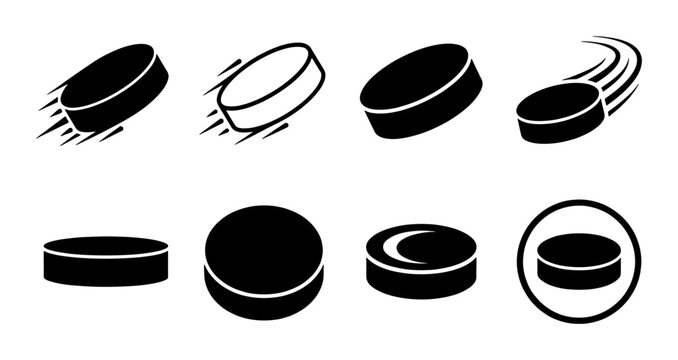 Ice hockey puck vector icon set, black rubber pucks with motion lines, professional hockey equipment symbols for sports branding and tournament logos
