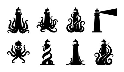 Nautical lighthouse and octopus kraken icons, set of 8 black vector silhouettes, maritime sea monster and beacon symbols for coastal branding © Nazim
