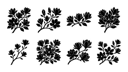 Black magnolia flower silhouettes, set of 8 floral branch vectors, elegant botanical blossom illustrations for wedding invitations and logo design © Nazim