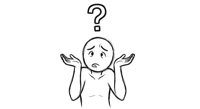 A black and white line drawing of a person shrugging with a confused expression and a question mark above their head, symbolizing uncertainty or lack of knowledge.
