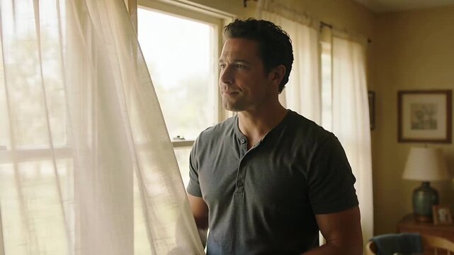 Smiling man in dark henley steadying sheer curtain after breeze, pulling aside to view window