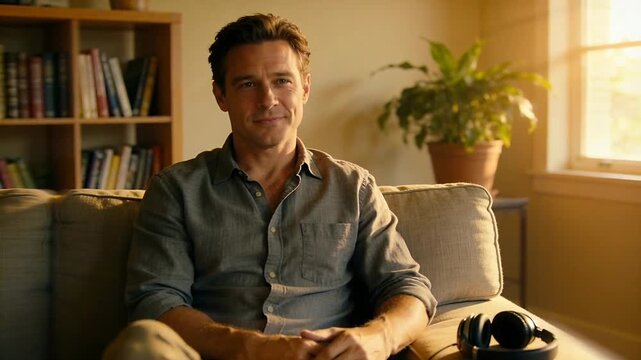 Shifting man wearing rolled sleeves settling on beige sofa as camera starts, headphones on arm