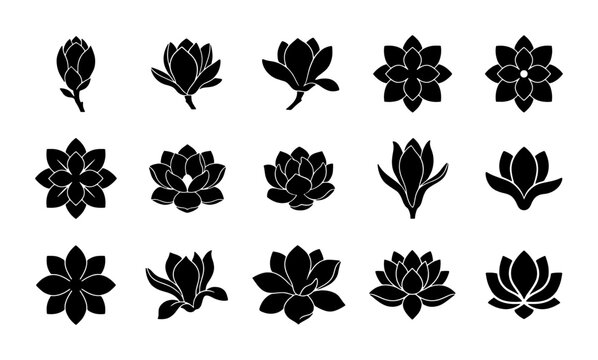 Minimalist magnolia flower silhouette icons, set of 15 black floral vector elements, elegant lotus and lily blossom shapes for logo design