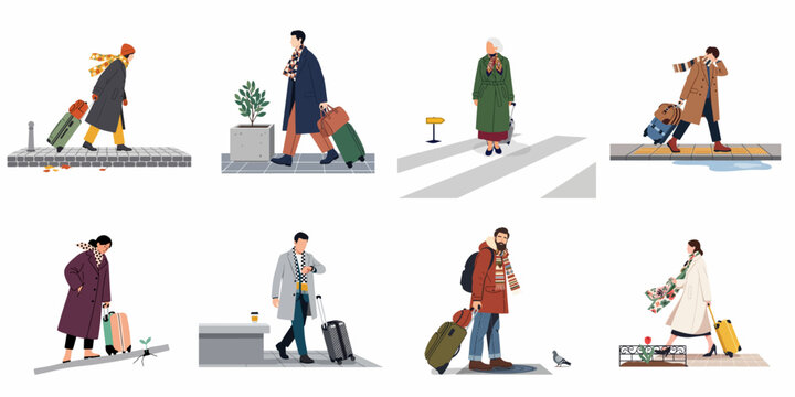 Set of diverse people traveling with luggage, wearing autumn and winter coats, isolated on white backgrounds, flat vector illustration.