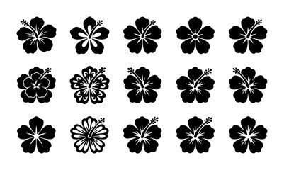Hibiscus flower icons set, black tropical floral silhouettes, 15 exotic blossom vector elements for summer branding and botanical logo design © Sadia