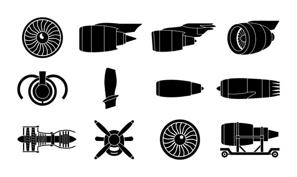 Jet engine icon set, 12 aircraft turbine vector silhouettes, airplane motor and propeller symbols, aerospace engineering design elements