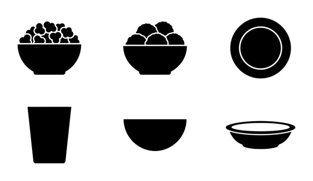 Minimalist kitchenware icon set, black solid bowl and plate silhouettes, 6 vector food service symbols for restaurant menus and dining apps