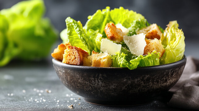 Close-up of a rustic bowl filled with fresh caesar salad and shaved parmesan side dish parmesan