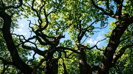 Obraz premium A view upwards shows the sprawling canopy of trees against a bright blue sky with scattered clouds on a sunny day.