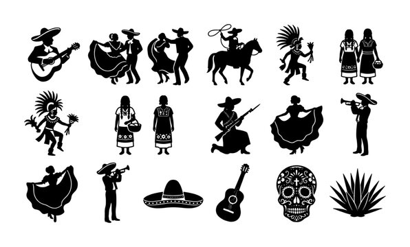 Mexican culture silhouette icons set, traditional mariachi and folklore dancers vector, 17 black icons of Mexico heritage and Cinco de Mayo