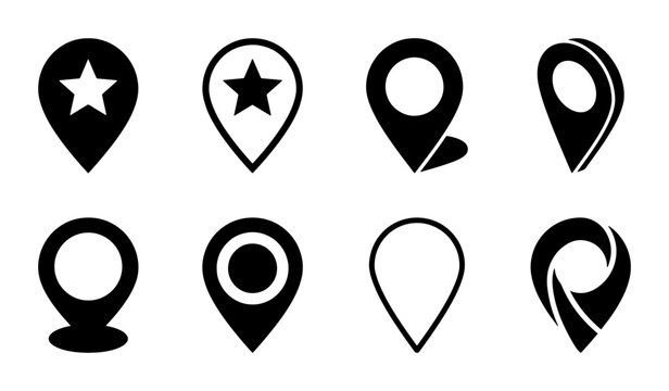 Minimalist map pin icons set, black location pointer symbols for navigation, 8 vector GPS markers with star and circle details for web design
