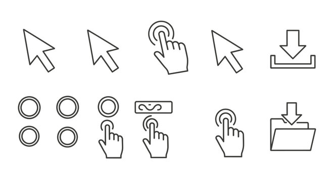 A collection of outline user interface icons featuring mouse cursors, hand tap gestures, download symbols, and interactive selection elements.
