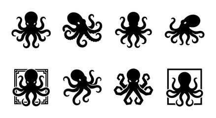 Minimalist octopus silhouette icons, set of 8 black kraken vector symbols, marine animal logo collection, nautical cephalopod illustrations for branding © Sadia