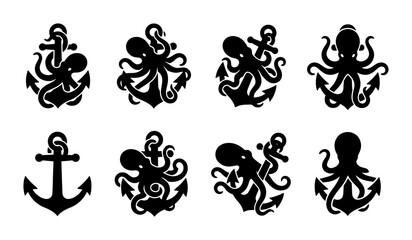 Nautical octopus and anchor silhouettes, set of 8 black sea creature icons, kraken and maritime anchor vector illustrations for tattoo and logo design © Sadia