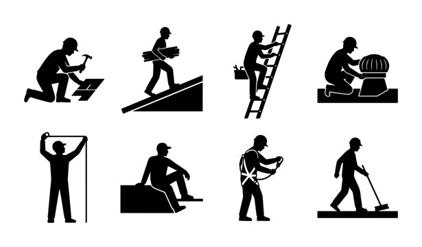Roofer silhouette icons set, professional roofing contractor working on house roof, construction worker silhouettes with tools and safety gear vector