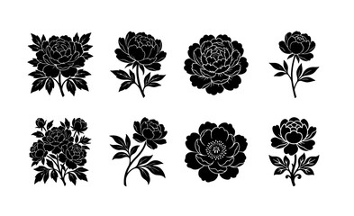 Vintage peony flower silhouettes, set of 8 floral vector icons, black botanical rose and peony blossoms with leaves for wedding invitations and logo design © Sadia