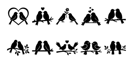 Romantic love birds silhouettes, set of 10 wedding bird icons on branches, black heart and floral nature elements for greeting cards and invitations © Monsur
