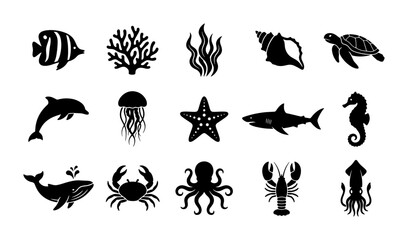 Marine life silhouette icons, set of 15 black sea animal vector illustrations, aquatic wildlife collection with shark, whale, and octopus © Monsur