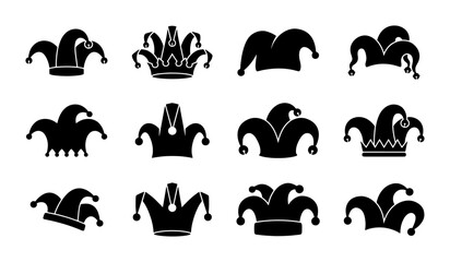 Jester hat silhouette collection, 12 medieval joker cap icons, black fool hat vector set for carnival and mardi gras festival branding © Sadia