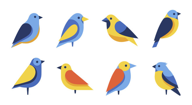 Collection of colorful small birds in various poses and vibrant plumage.