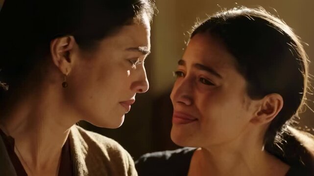 Comforting mother consoling tearful daughter after tears, leaning close at home, wearing cardigan