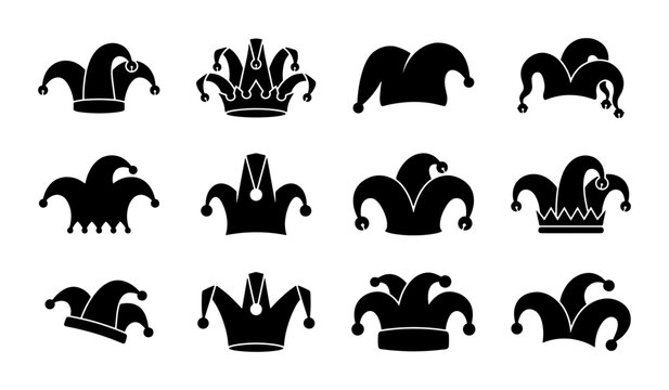 Jester hat silhouette collection, 12 medieval joker cap icons, black fool hat vector set for carnival and mardi gras festival branding