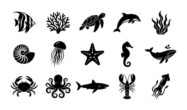 Marine life silhouette icons set, 15 black sea animal vector illustrations, ocean creature collection with whale shark and turtle, aquatic wildlife symbols