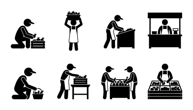 Market vendor stick figure icon set, black and white merchant silhouette collection, local farmer selling produce vector illustrations